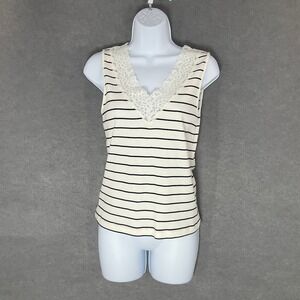 Lauren Ralph Lauren Striped Top Lace Trim Cotton V-Neck Sleeveless‎ Stretch Sz S